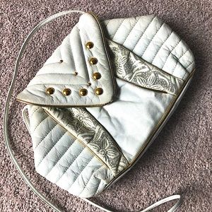 Vintage Faux Leather Purse, White with Gold Accents